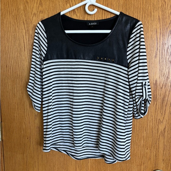 A. Byer Tops - A. Byer Black and White Striped Short Sleeve Top with Faux Leather Yoke